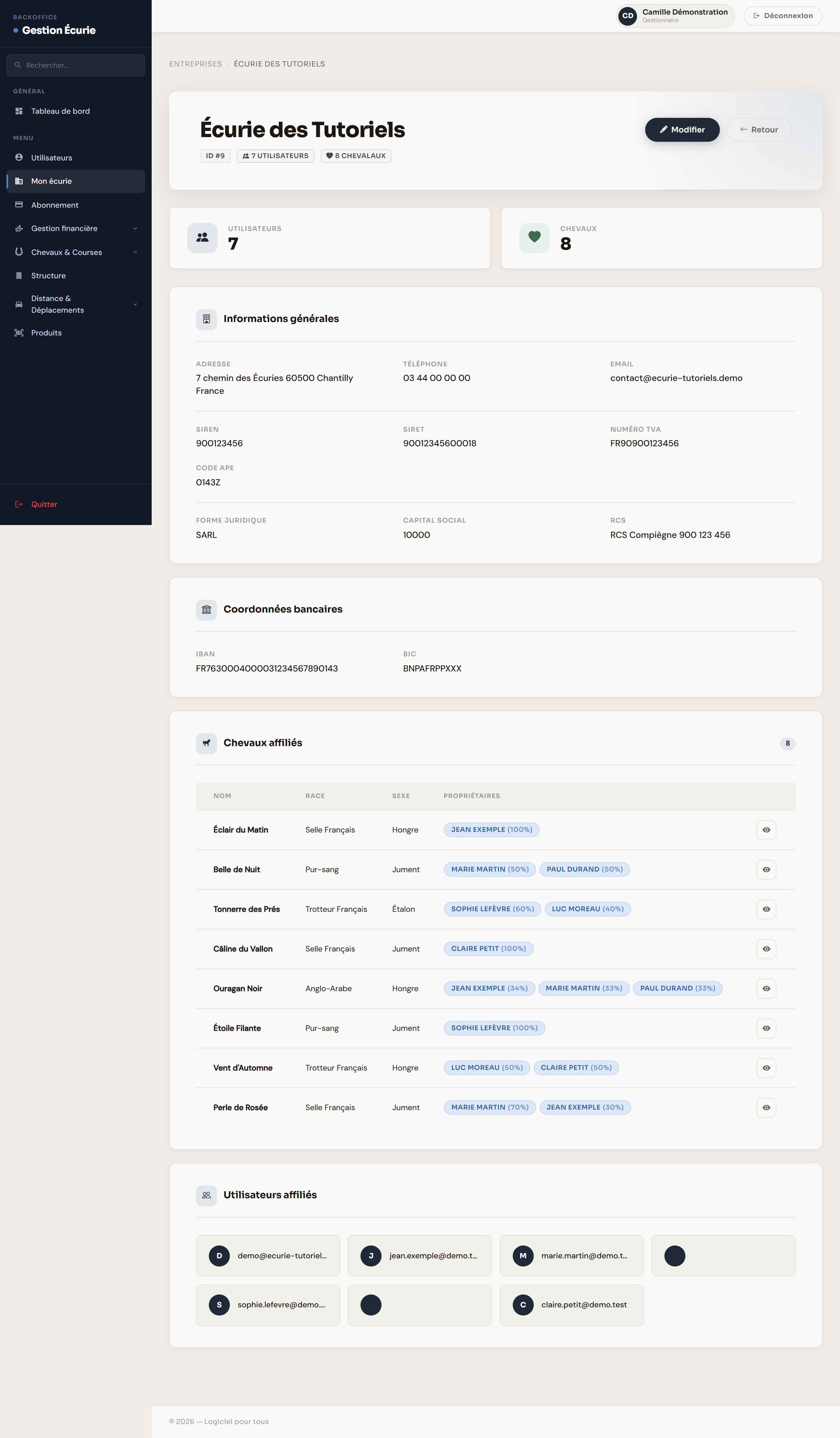 La fiche « Mon écurie » centralise vos informations légales et bancaires.